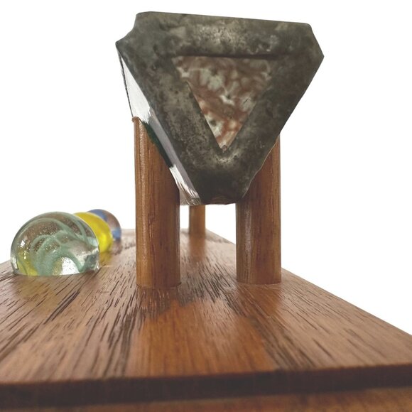 Vintage Stained Glass Kaleidoscope Toy Art Glass Marbles on Oak Wood Stand 9x4 - Picture 6 of 11